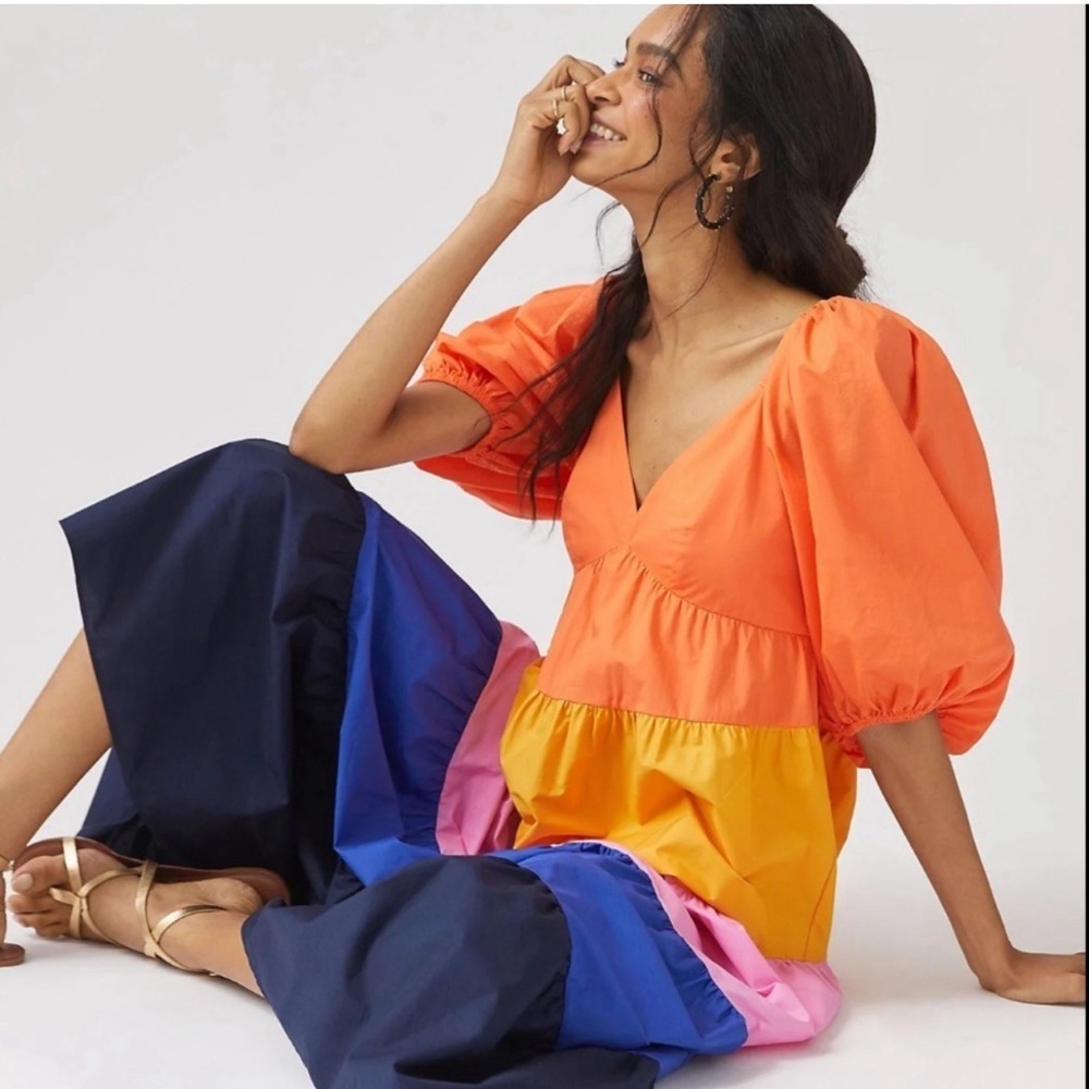 Farm‎ Rio Anthropologie Puff Sleeve Ruffled Tier Color block Maxi Dress - Picture 5 of 15